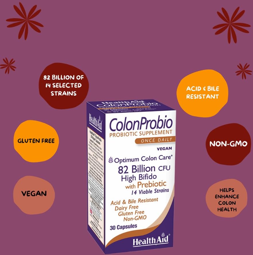 Label showing dairy-free, gluten-free, non-GMO probiotic supplement