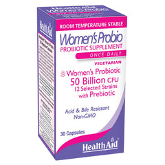 HealthAid Women's Probiotic bottle label showing 50 Billion CFU and prebiotic