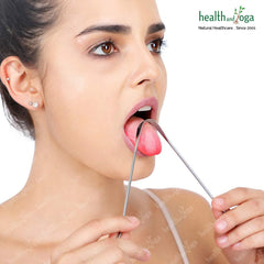 Tongue cleaner in use for back-of-tongue cleaning