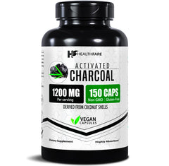 Healthfare Activated Charcoal Pills bottle showing 1200mg per capsule