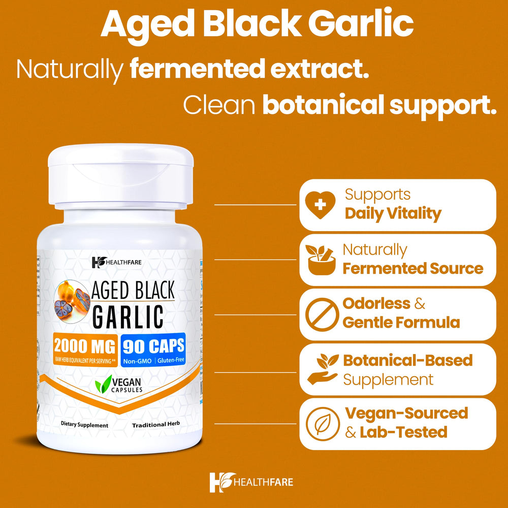 Close-up of Healthfare aged black garlic capsules