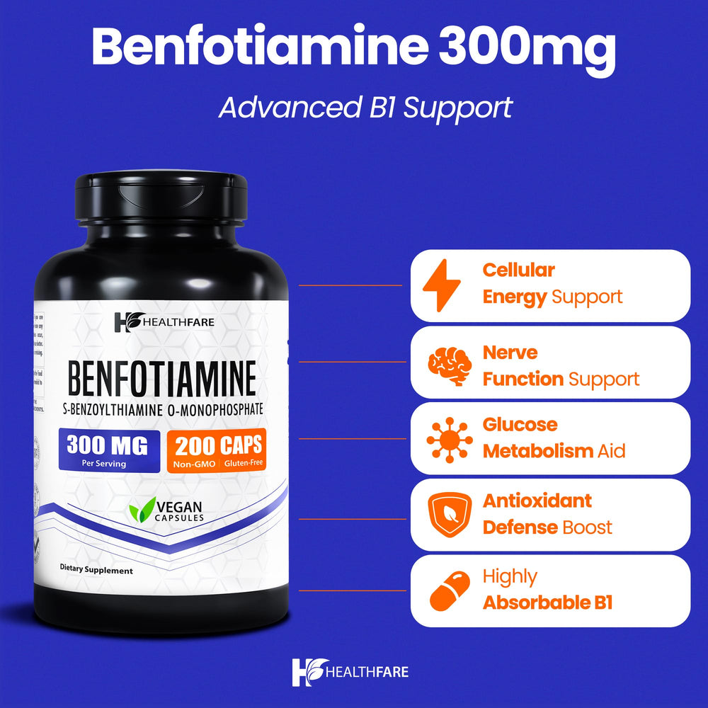 Close-up of Healthfare Benfotiamine 300mg vegan capsules