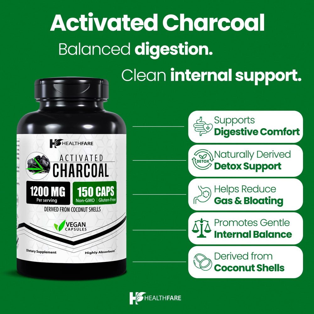 Close-up of Healthfare activated charcoal capsules (150 vegan capsules)