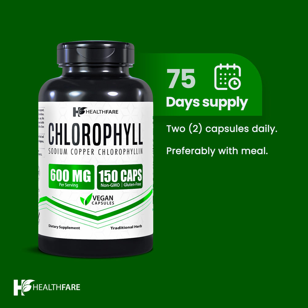 Healthfare Chlorophyll Capsules 600mg placed on a clean surface