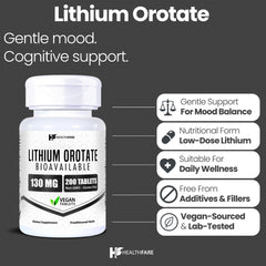 Close-up of HealthFare lithium orotate 130mg bottle