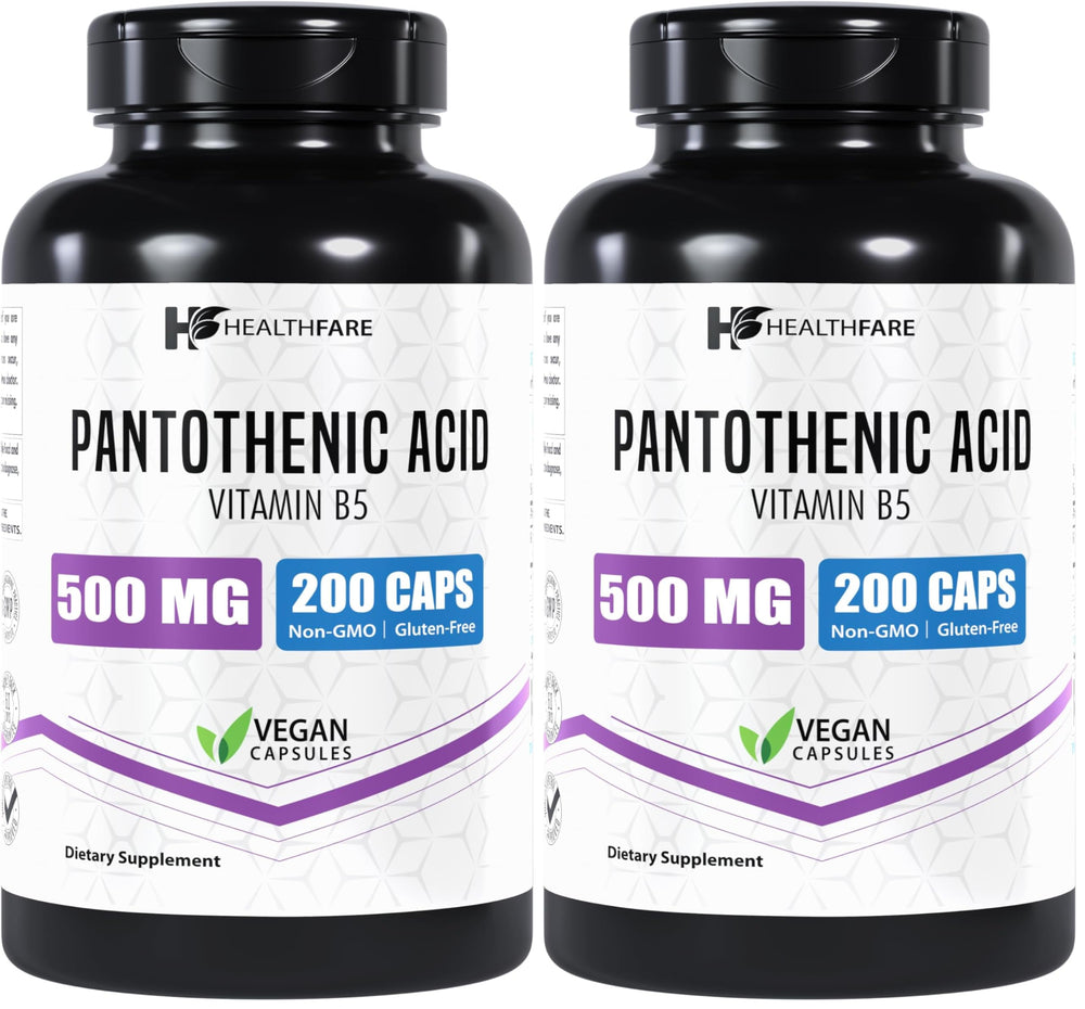 Healthfare Pantothenic Acid 500mg bottle with 200 vegan capsules – Pack of 2, front view