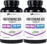 Healthfare Pantothenic Acid 500mg bottle with 200 vegan capsules – Pack of 2, front view