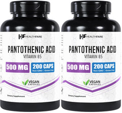 Healthfare Pantothenic Acid 500mg bottle with 200 vegan capsules – Pack of 2, front view