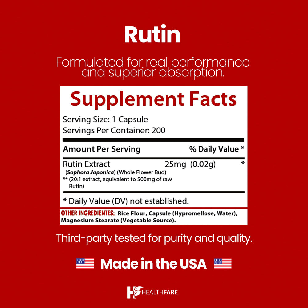 Close-up of Healthfare Rutin 500mg vegan capsules