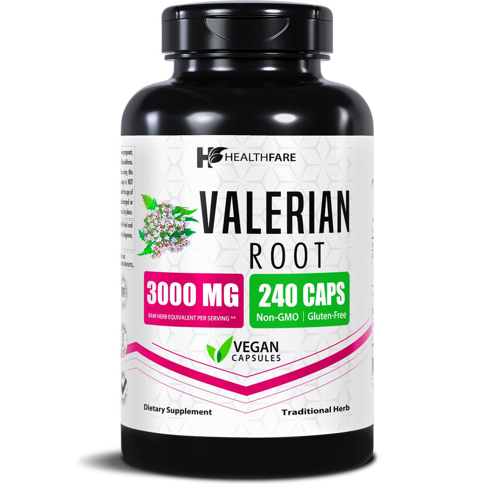 HealthFare Valerian Root Capsules bottle label indicating 3000mg per serving