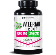 HealthFare Valerian Root Capsules bottle label indicating 3000mg per serving