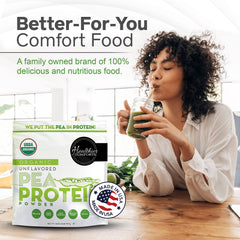 Packaging detail highlighting features of Healthier Comforts pea protein