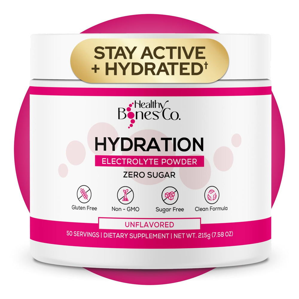 Healthy Bones Co sugar-free electrolyte powder bottle for quick hydration and mineral support.