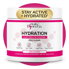 Healthy Bones Co sugar-free electrolyte powder bottle for quick hydration and mineral support.