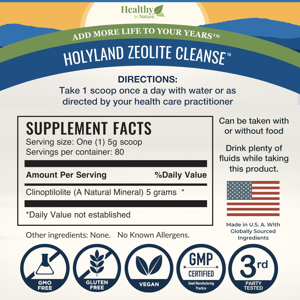 HolyLand Zeolite label emphasizes purity and wellness potential