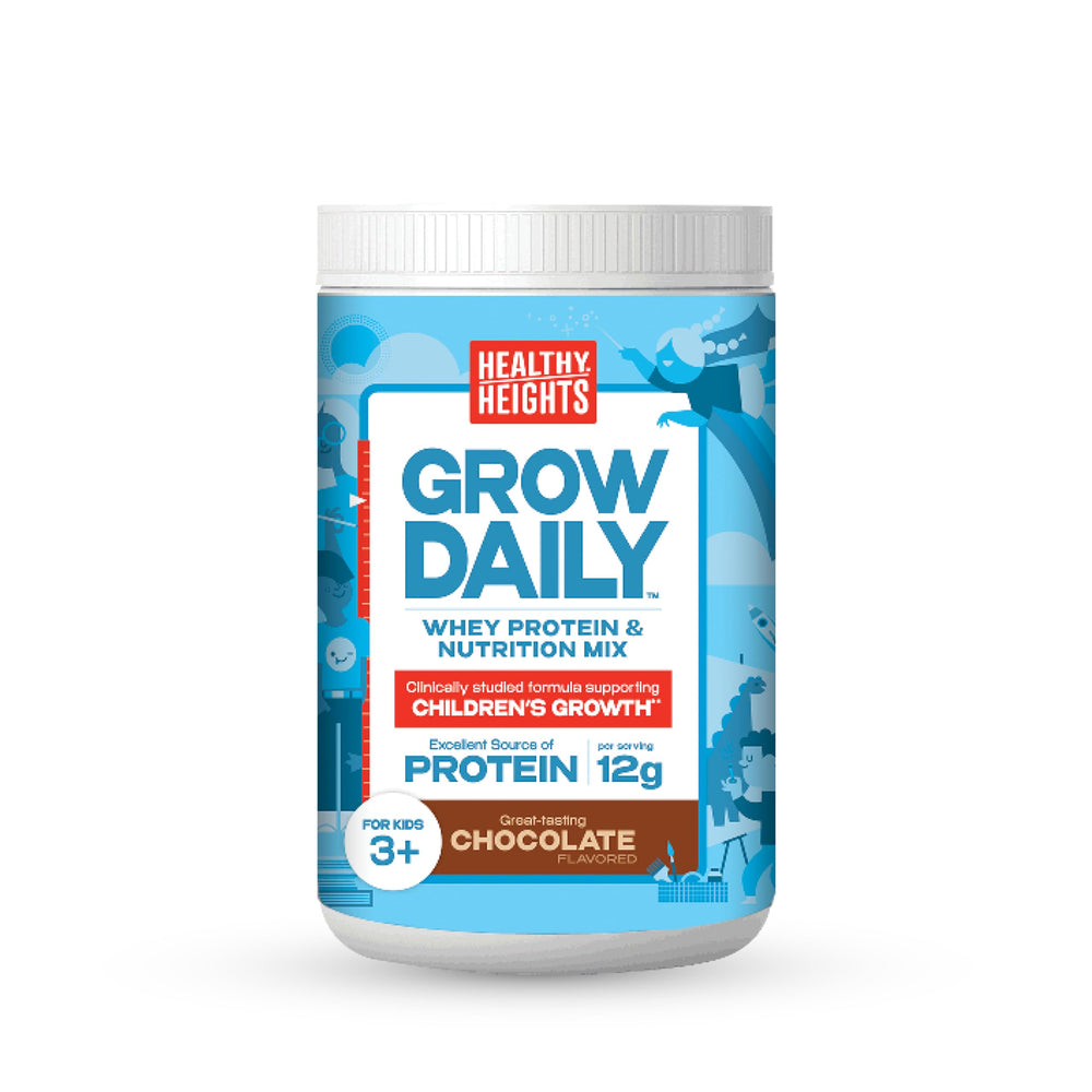 Healthy Heights Grow Daily Kids Protein Drink Mix chocolate canister ready for daily nutrition