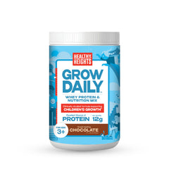 Healthy Heights Grow Daily Kids Protein Drink Mix chocolate canister ready for daily nutrition