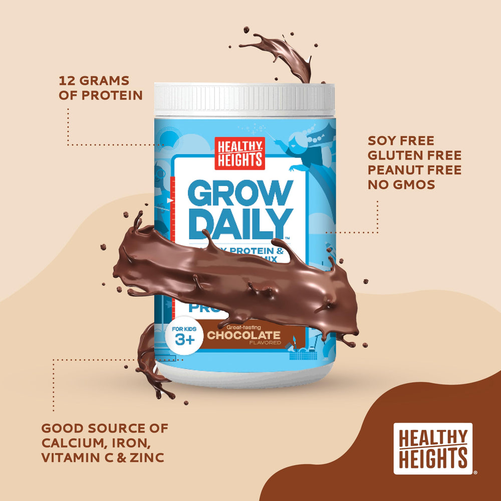Healthy Heights Grow Daily Kids Protein Drink Mix chocolate close-up of ingredients showing protein and vitamins