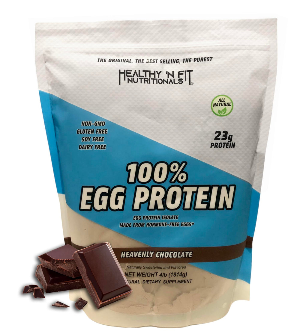 Healthy 'N Fit egg protein chocolate-tub: pure egg white protein for post-workout fueling.