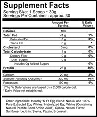 Healthy 'N Fit egg protein ingredients panel emphasizing zero artificial ingredients.