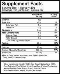 Back label with nutritional information for Healthy N Fit 100% Egg Protein Vanilla 4lb