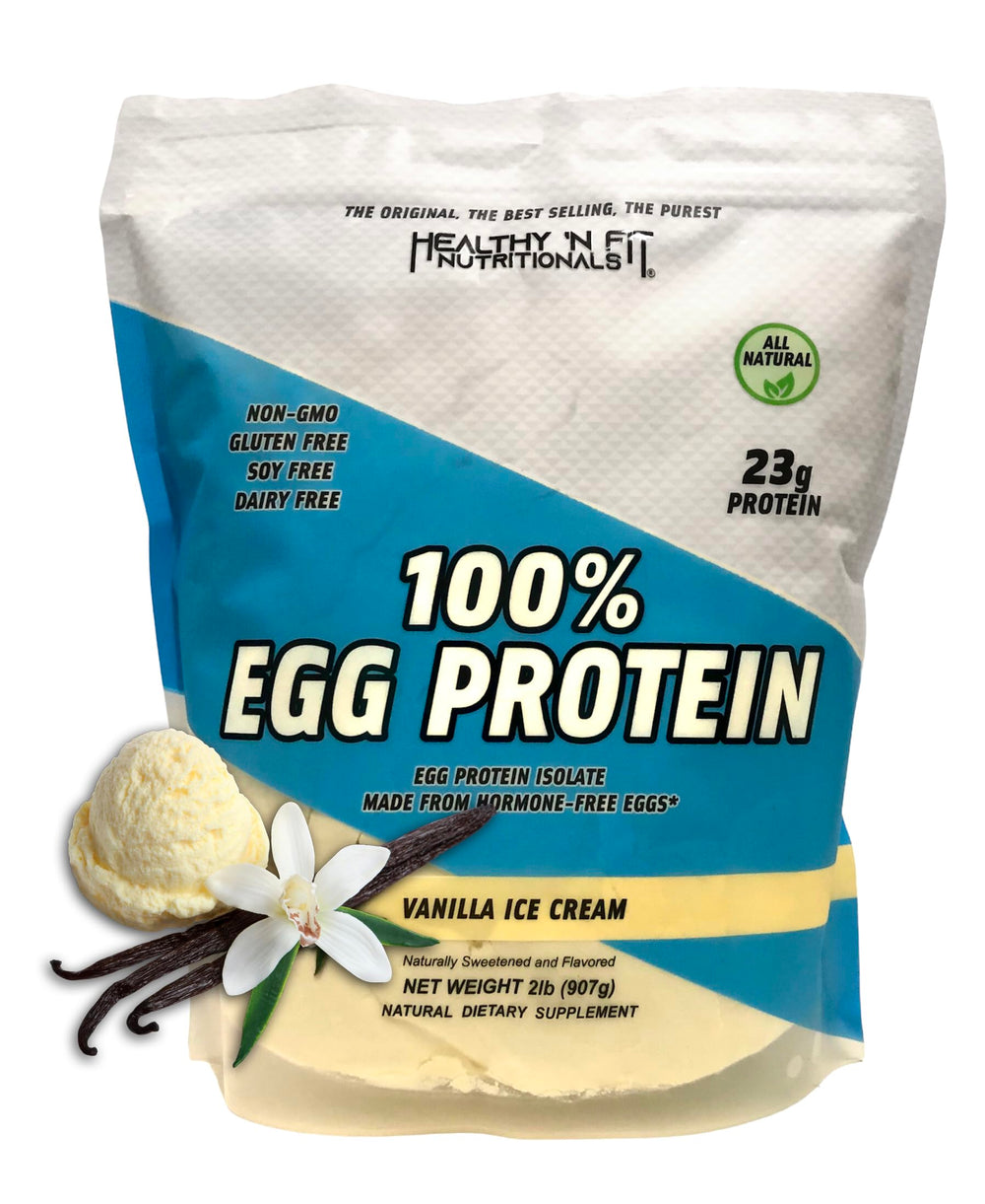 Healthy 'N Fit egg protein vanilla ice cream bottle shows pure egg white nutrition.