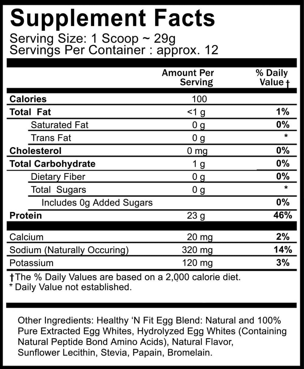 Healthy 'N Fit Egg Protein Vanilla label—naturally sweetened with zero carbs and gluten-free ingredients.