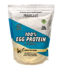 Healthy 'N Fit egg protein vanilla packaging close-up shows clean ingredients