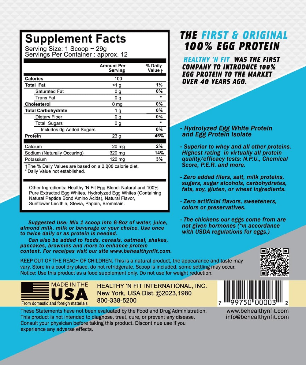 Healthy 'N Fit Egg Protein Vanilla powder scoop—ideal for smoothies and baking.