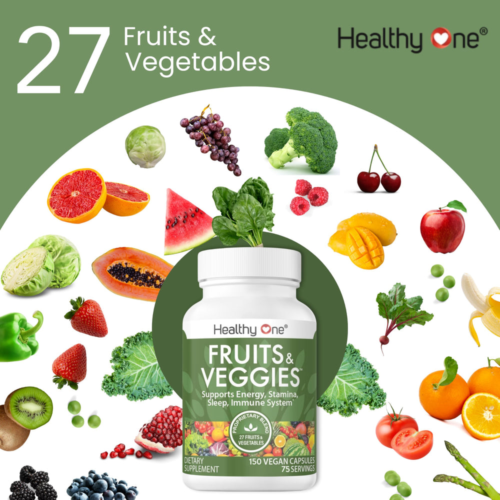 Bottle highlighting 75 servings of Healthy One Fruits & Veggies