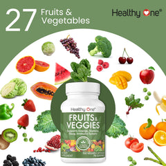 Bottle highlighting 75 servings of Healthy One Fruits & Veggies