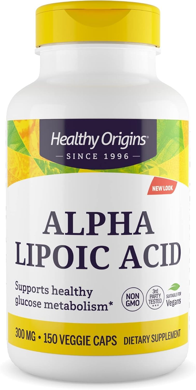 Healthy Origins Alpha Lipoic Acid bottle displays 300 mg ALA for energy support and antioxidant protection.