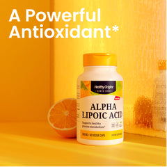 Healthy Origins Alpha Lipoic Acid dietary supplement scene conveys everyday wellness and versatility.