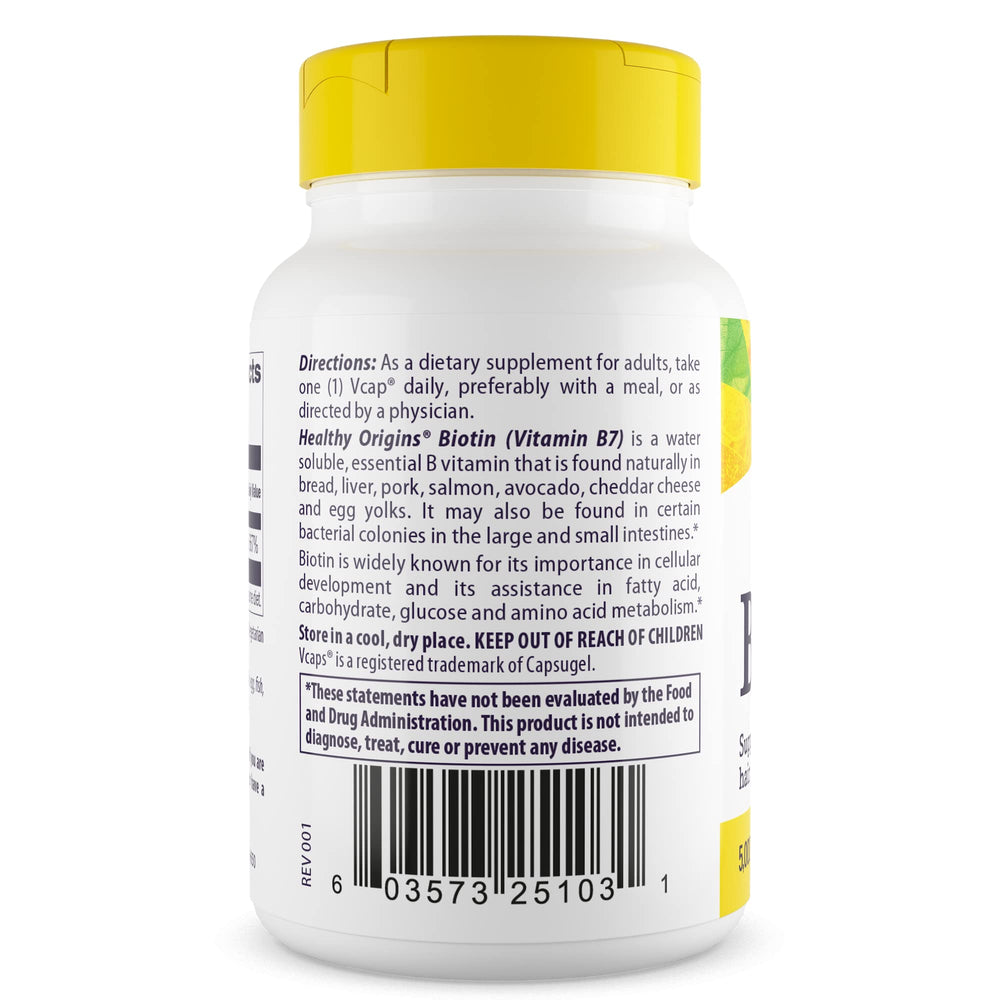 Label highlights USP Grade, Non-GMO, Gluten Free on Biotin bottle
