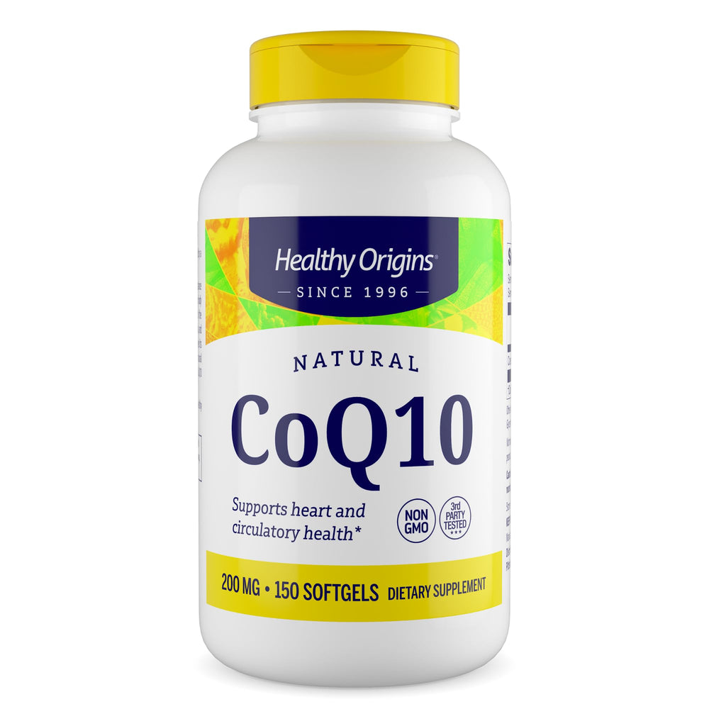 Healthy Origins CoQ10 bottle label highlights gluten-free and non-GMO details.