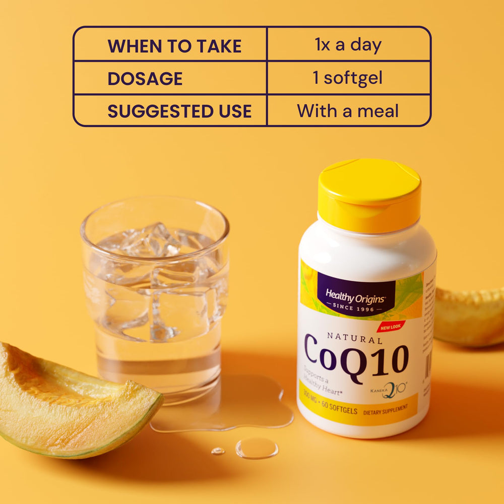 Healthy Origins CoQ10 bottle label reveals non-GMO, yeast-fermented formula.