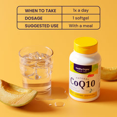 Healthy Origins CoQ10 bottle label reveals non-GMO, yeast-fermented formula.