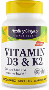 Healthy Origins Vitamin D3 & K2 bottle label showing D3 50 mcg and K2 200 mcg