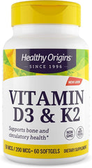 Healthy Origins Vitamin D3 & K2 bottle label showing D3 50 mcg and K2 200 mcg