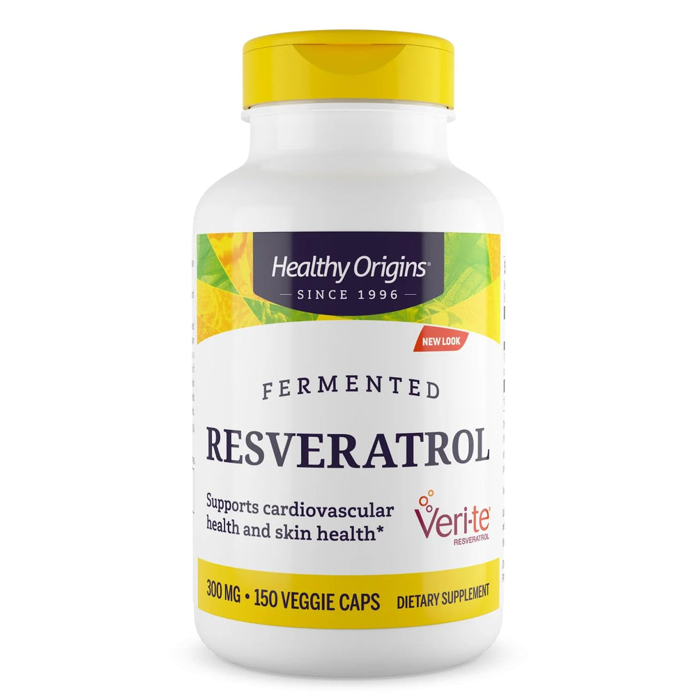 Healthy Origins fermented resveratrol bottle front showing premium antioxidant support.