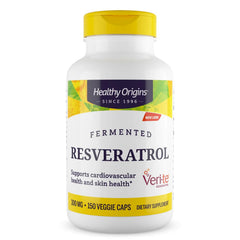 Healthy Origins fermented resveratrol bottle front showing premium antioxidant support.