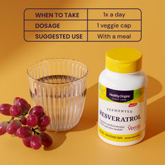 Verified Veri-te resveratrol label closeup on Healthy Origins bottle.