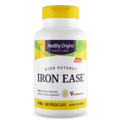 Bottle of Healthy Origins Iron Ease 45 mg with Ferrochel chelated iron label