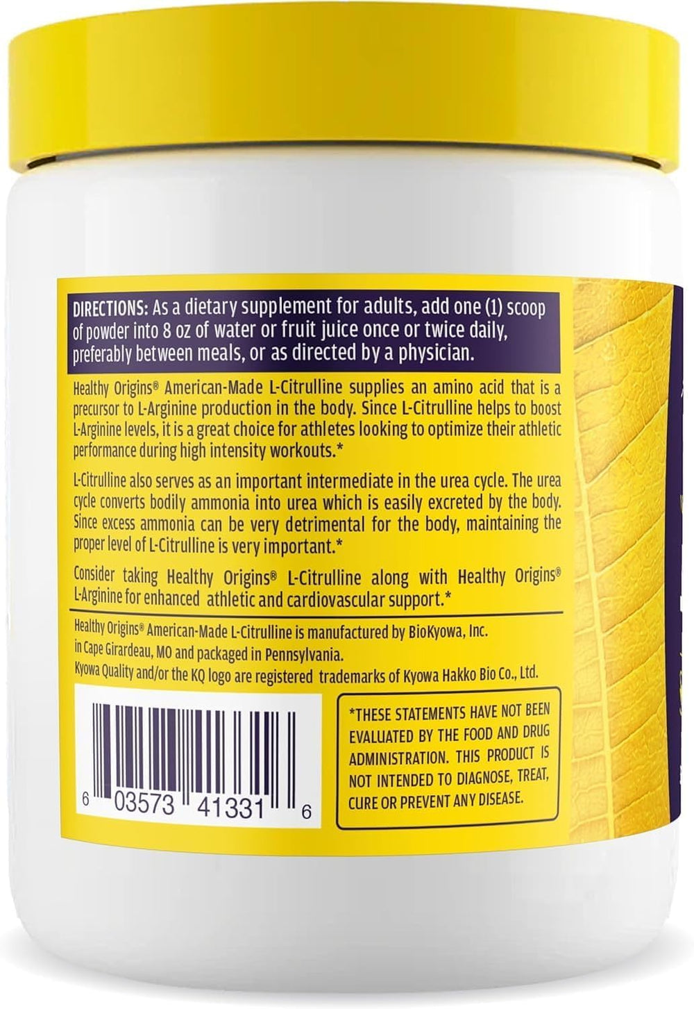 Back panel of Healthy Origins L-Citrulline bottle