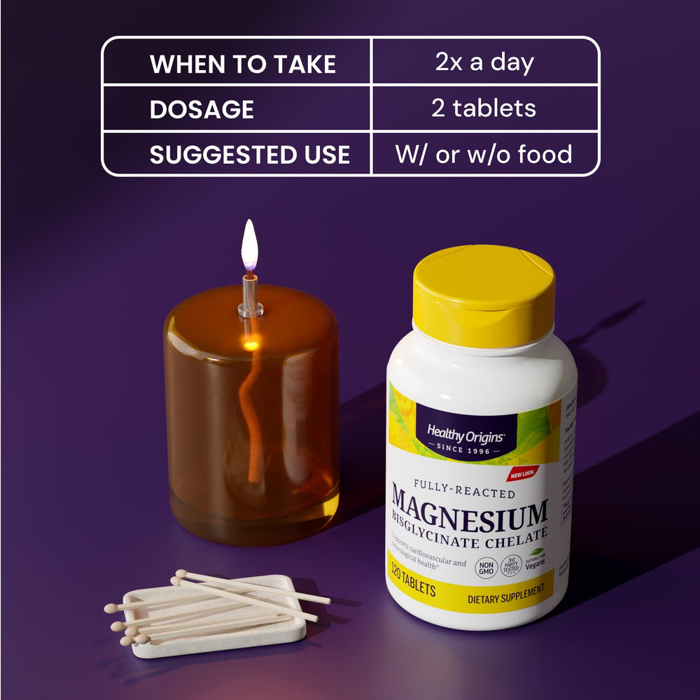 Front view of Healthy Origins Magnesium Bisglycinate Chelate bottle with 360 tablets