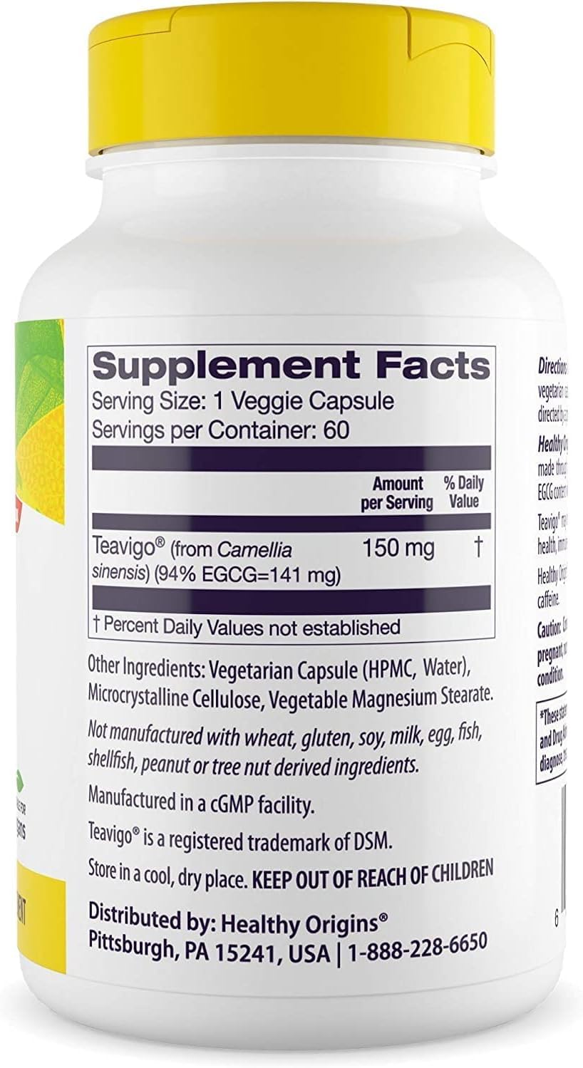 Healthy Origins Teavigo bottle side view communicates clean, pesticide-free daily wellness.