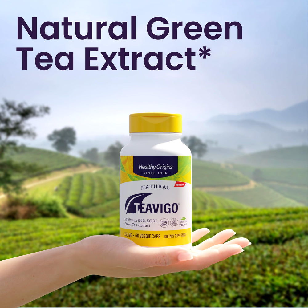 Healthy Origins Teavigo label detail emphasizes pure, caffeine-free energy and metabolism support.