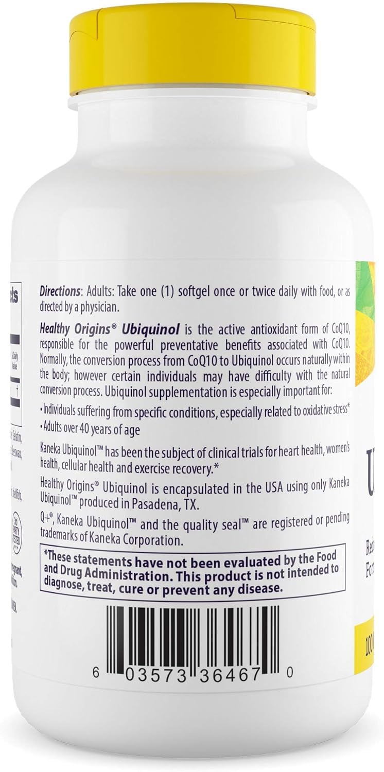Front view of Healthy Origins ubiquinol bottle with label