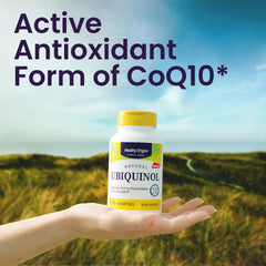 Healthy Origins ubiquinol bottle pour illustrating convenient daily supplementation.