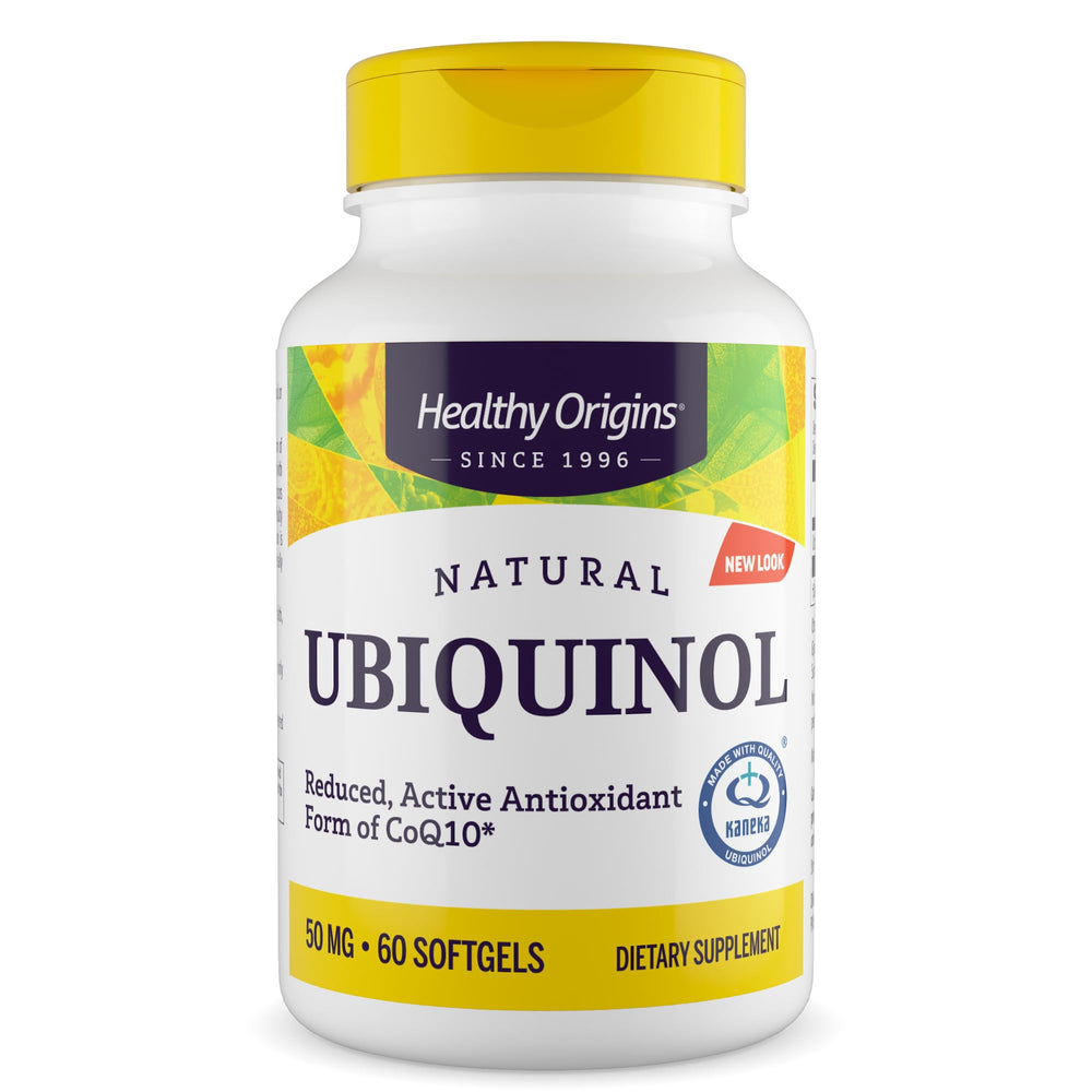 Healthy Origins ubiquinol softgel bottle shows 50 mg dosage for antioxidant support.